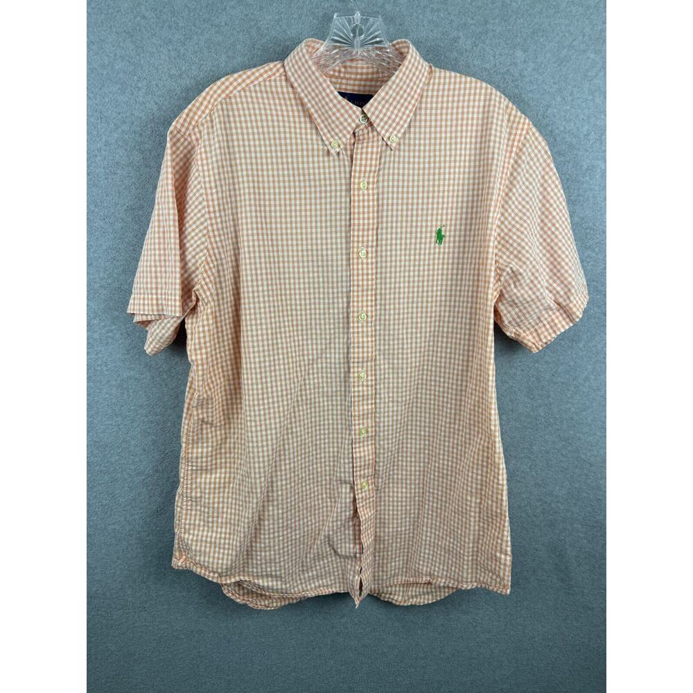 Ralph Lauren Shirt Men's L Orange Gingham Plaid Short‎ Sleeve Button Down Beach